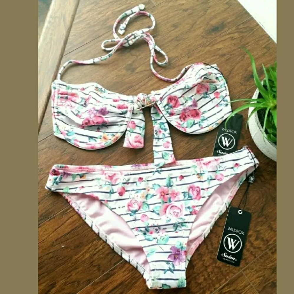 Wildfox Medium Rose Stripe Bikini Swim Top bottom